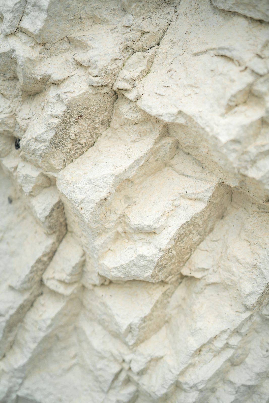 Close-up of the white, rugged chalk of the Møns Klint cliffs