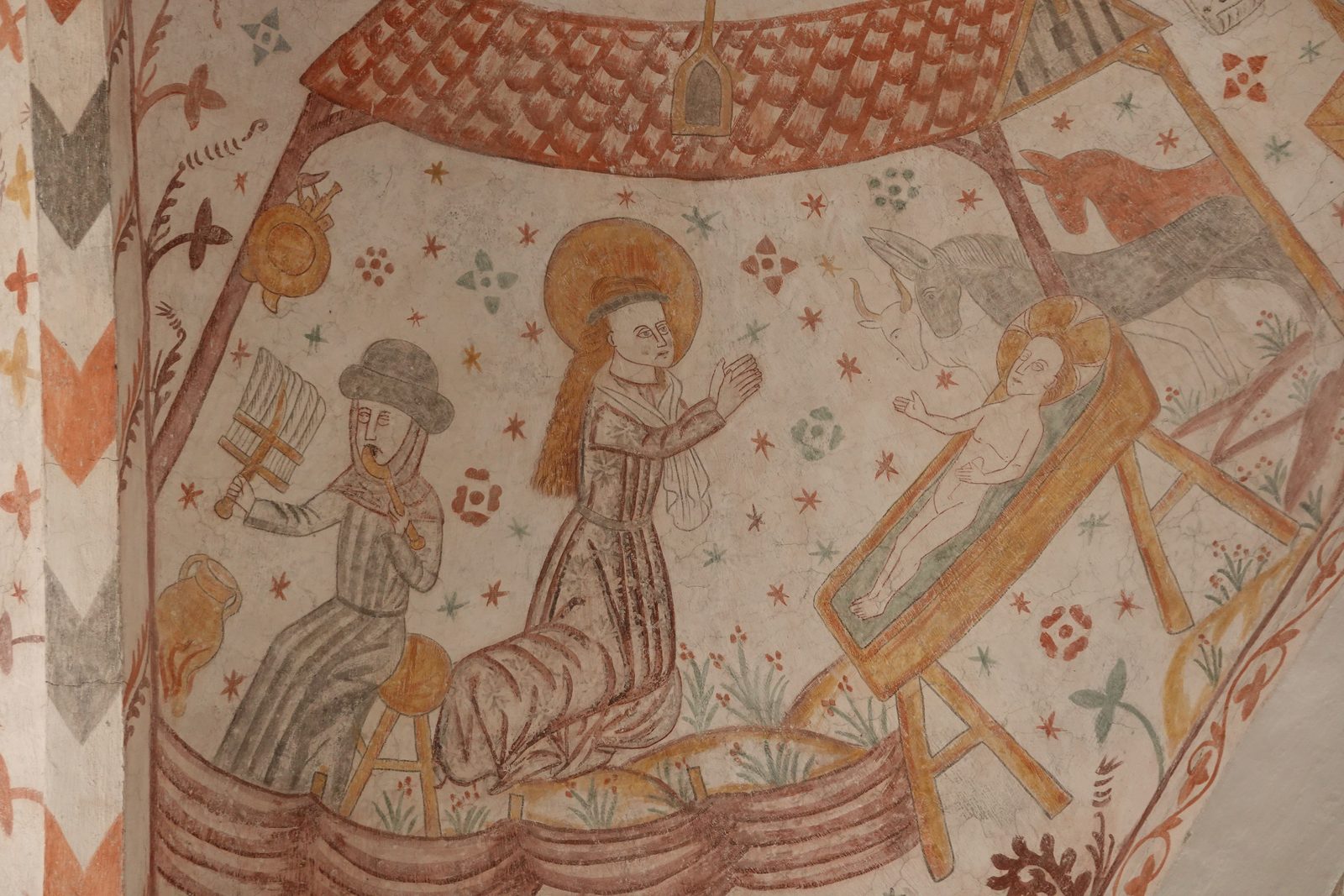 Medieval fresco of the Nativity in Keldby Church on Møn