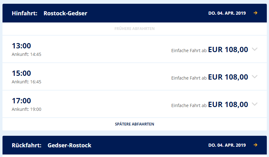 Example prices for ferry from Rostock to Gedser in the afternoon