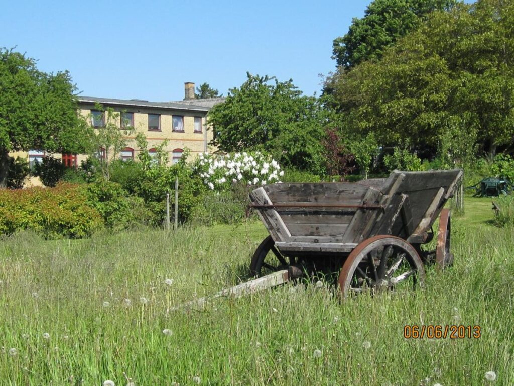 Historisches Nygammelsø Bed & Breakfast umgeben von üppigem Grün und einer wilden Wiese, im Vordergrund ein alter Holzkarren. Das große gelbe Gebäude mit roten Fensterrahmen strahlt ländlichen Charme aus, ideal für einen ruhigen Rückzugsort.